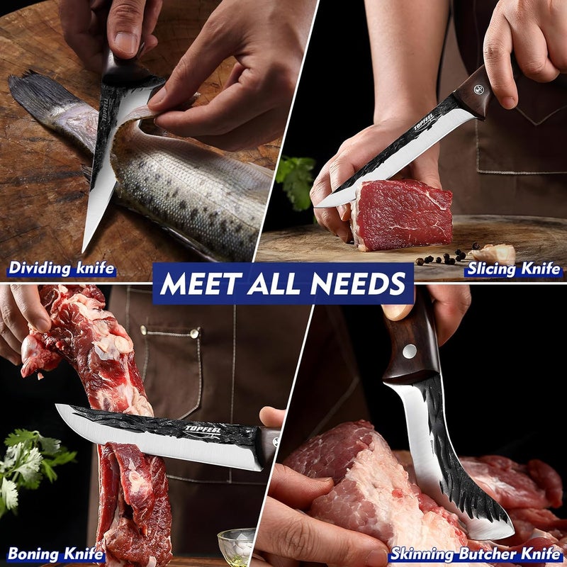 TopFeel 4PCS Hand Forged Butcher Knife Set - Slicing Knife,Boning Knife, Dividing Knives,Skinning Butcher Knives,High Carbon Steel Meat Cutting cleaver for Home Kitchen & Outdoor - Image 5